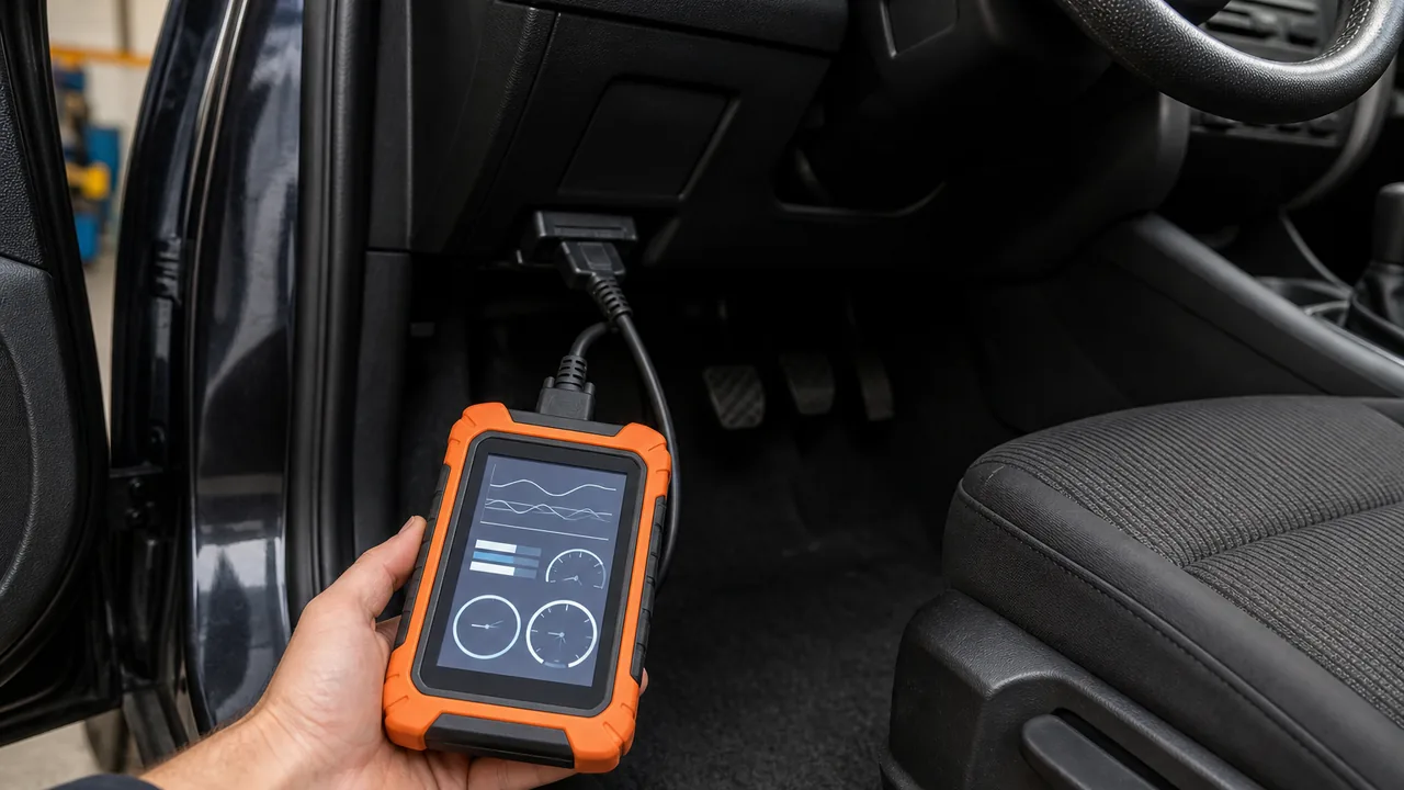 Diagnosegerät am OBD-Anschluss unter dem Armaturenbrett, Messwerte auf dem Display